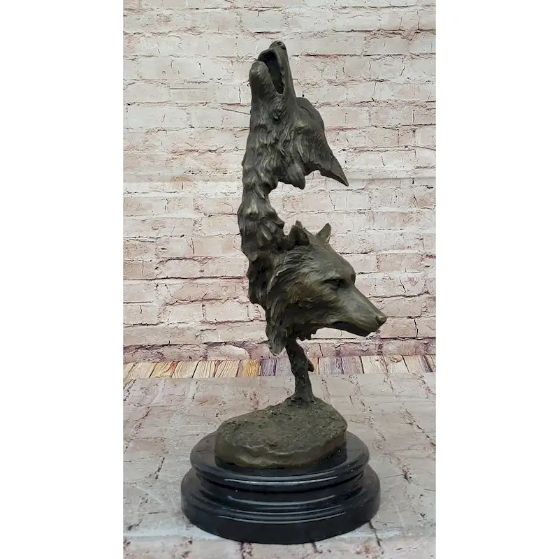 Howling Wolves Bronze Sculpture  Striking Dual Imitative Wolf Heads On Marble Base