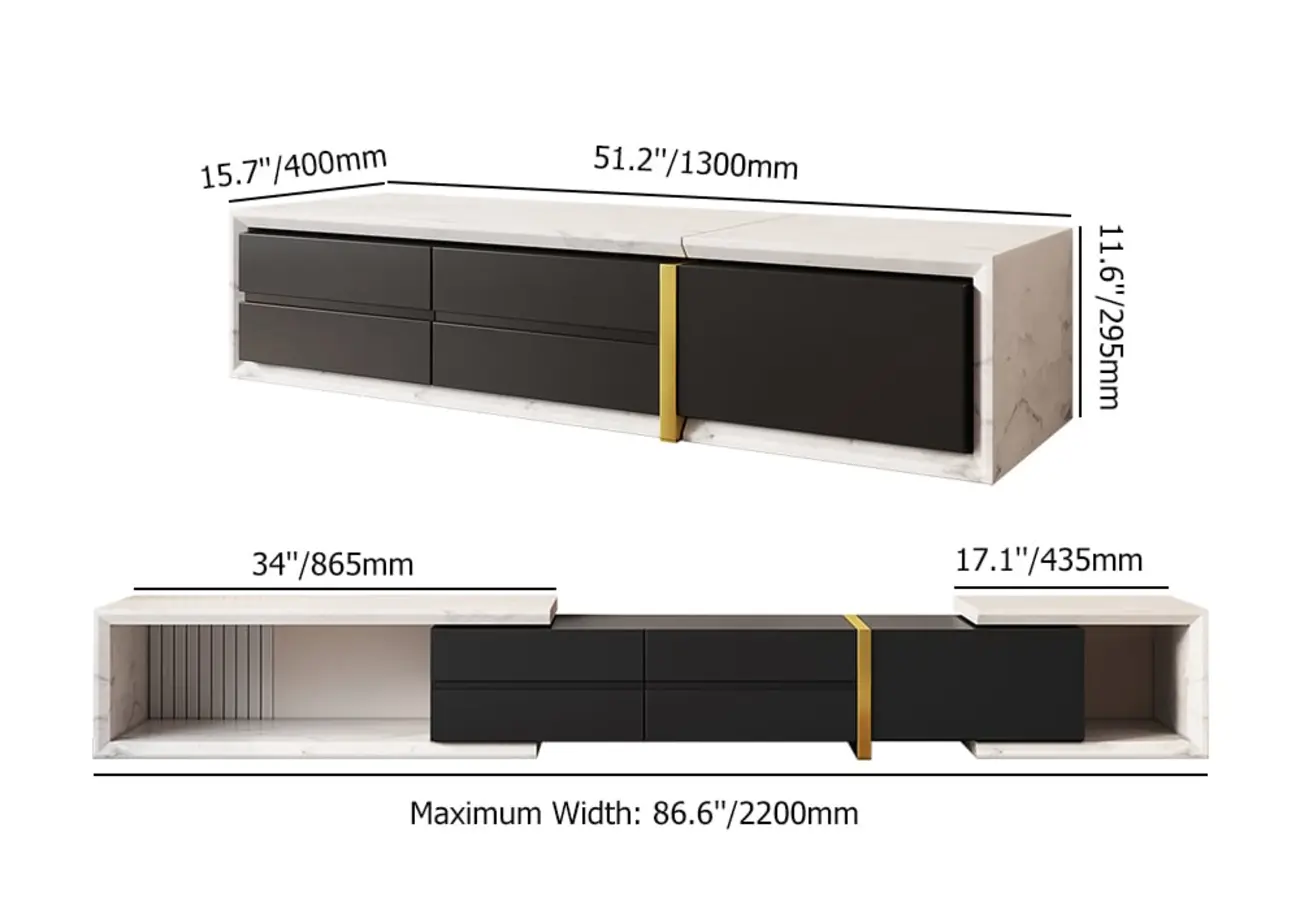Extendable Modern White & Black 2 Drawers Wooden TV Stand