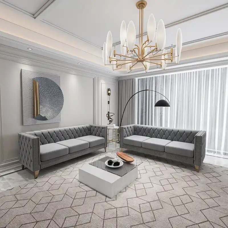 2-Pieces Velvet Upholstered 3 Seat Sofa, Classic Chesterfield Couch Buttons Tufted Square Arm Sofa with Nailheads and Metal Legs