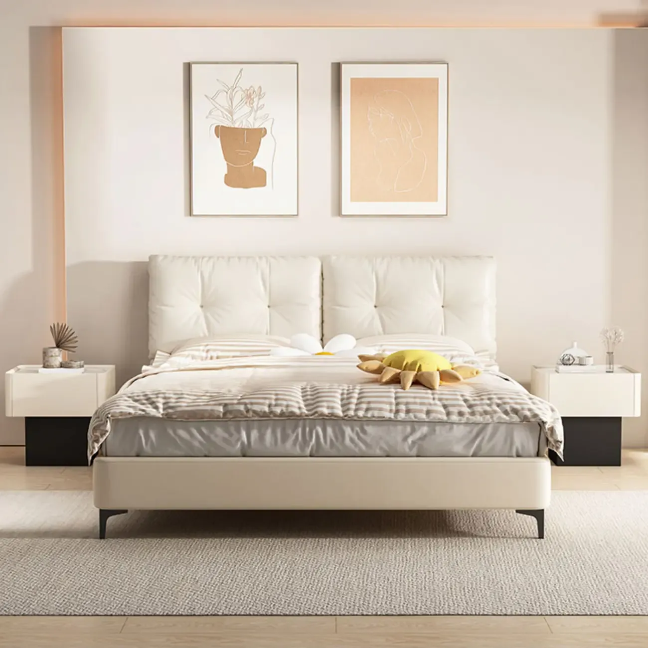 Modern Faux Leather Drawer Nightstand with Stone Top