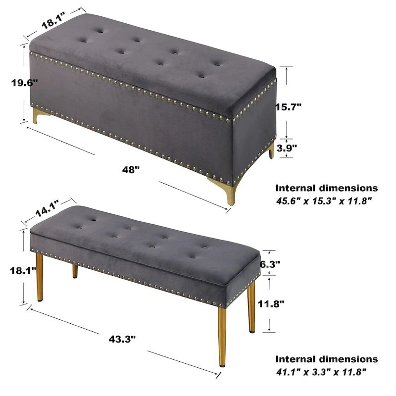2 in 1 Combination Tufted Velvet Benches Set with Gold Leg and Nailhead Trim