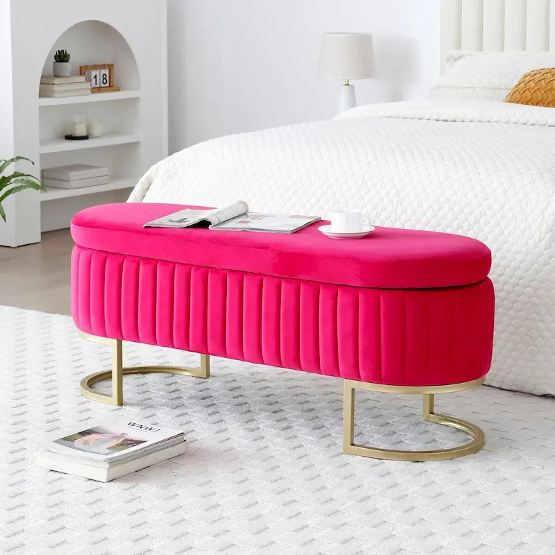 Storage Bench Bedroom Bench, Velvet Oval Upholstered End of Bed Bench with Golden Metal Legs,50 Storage Ottoman Bench