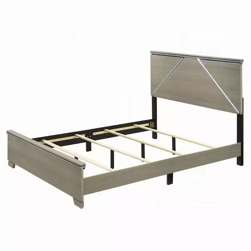 Royal Hampton Queen Bed, Panel Headboard with LED, Weathered Gray Wood, Modern Style
