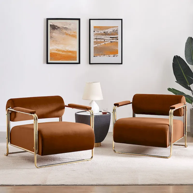 31 Wide Velvet Armchair with Cylindrical Backrest and Metal Frame