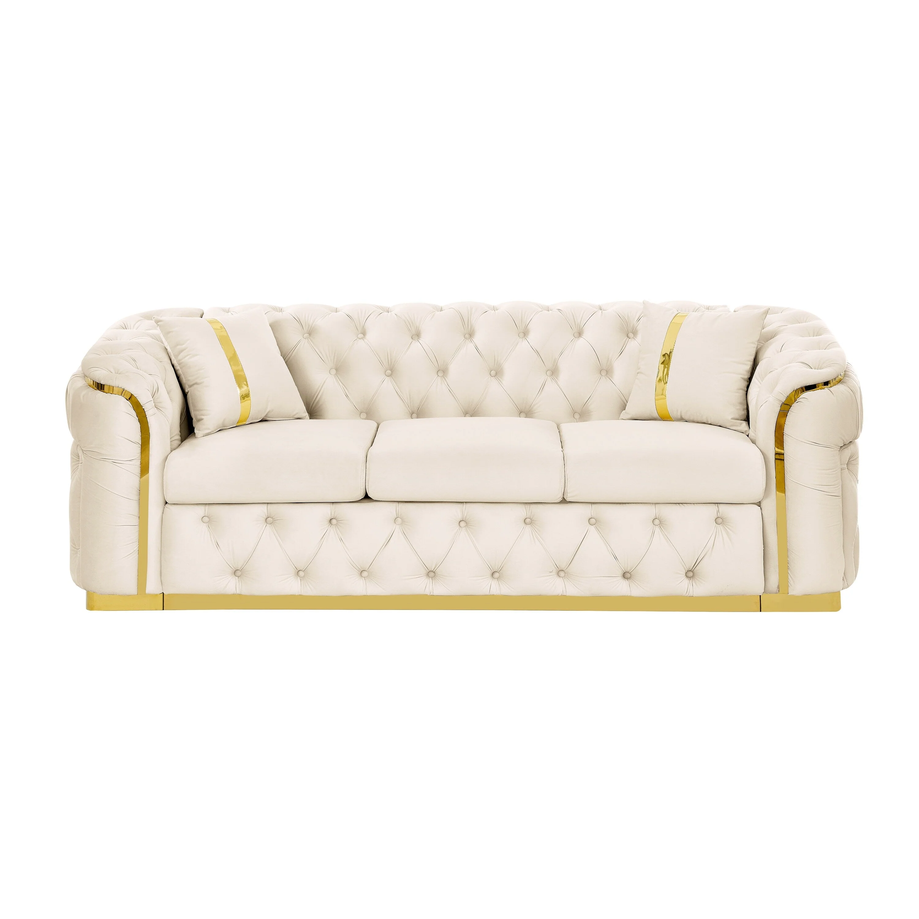 90.6 Velvet 3-Seater Sofa with 2 Pillows High-Density Cushions, Gold Accents, and Pillows
