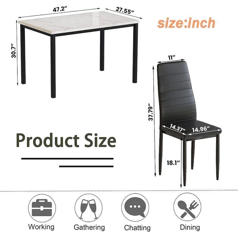 Mieres Modern Style 5-Piece Faux Marble Top Dining Table Set with 4 Faux Leather Upholstered Dining Chairs