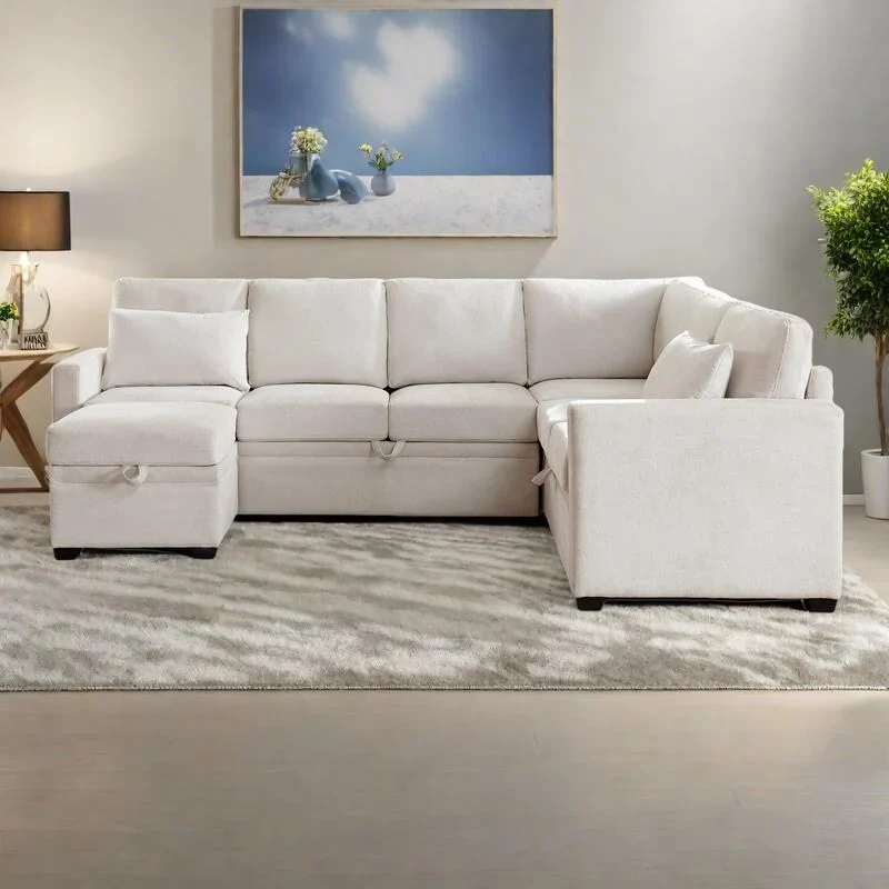 105.5 U-Shaped 5-Seater Sleeper Sofa with Pull-Out Bed and Storage Ottoman