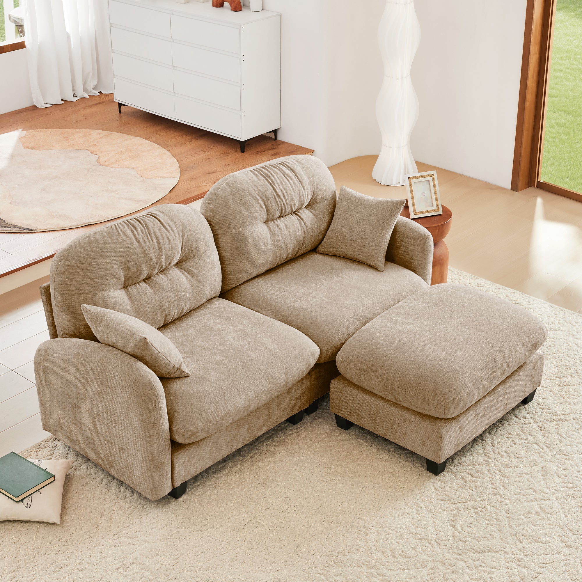 Tufted Chenille Cloud Loveseat Sectional Sofa Couch with Ottoman