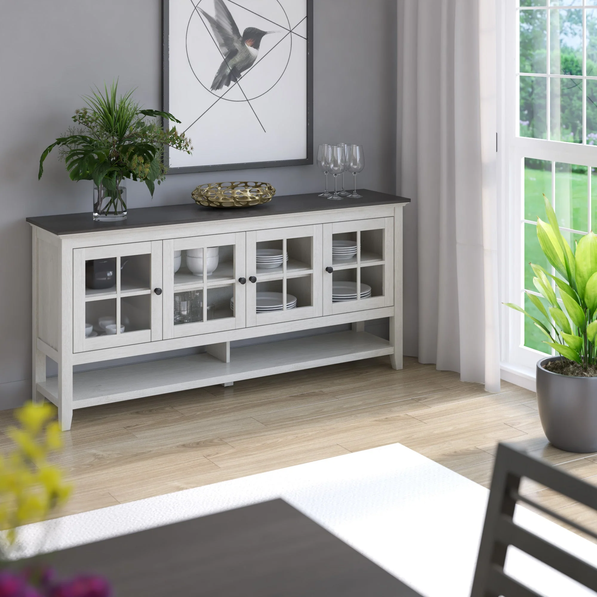 Traditional Farmhouse Windowpane Glass Doors Buffet Sideboard