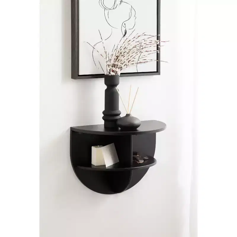 Half Circle Wood Floating Side Table – 18x14, Black, Built-In Shelves, Space-Saving