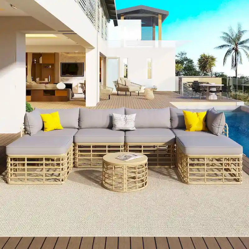 7-Piece Outdoor Rattan Patio Furniture Set with Cushions and Coffee Table