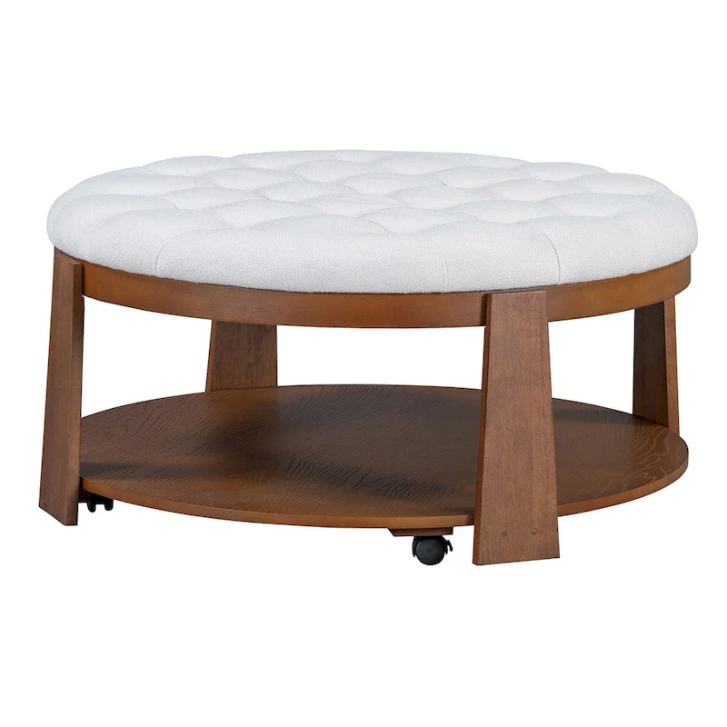 36 Round Button Tufted Upholstered Coffee Table with Wood Shelf and Wheel