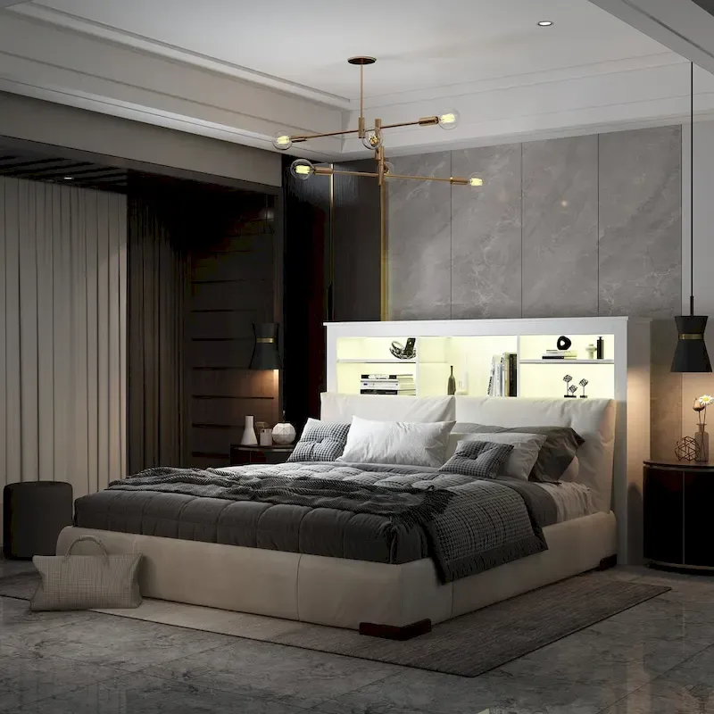 White Bookcase Headboard with RGB LED Lights and Adjustable Shelves – Queen, Single Bed