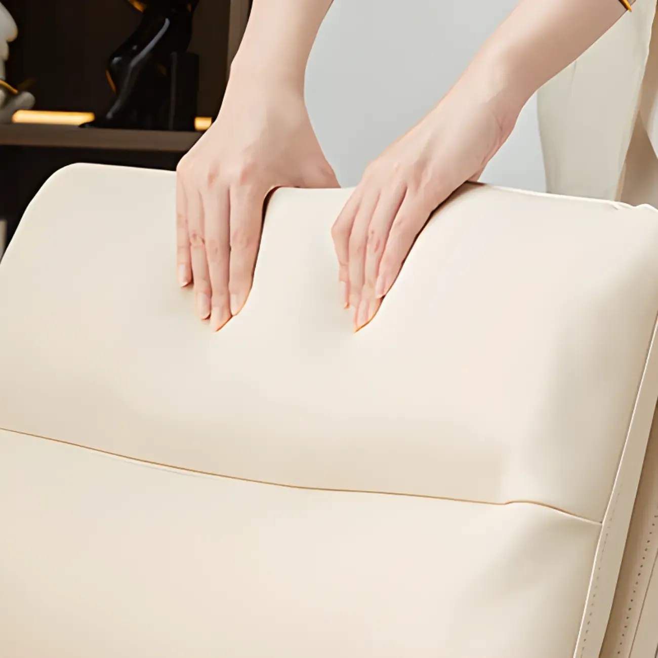 Beige Leather Armless Swivel Wide Office Chair