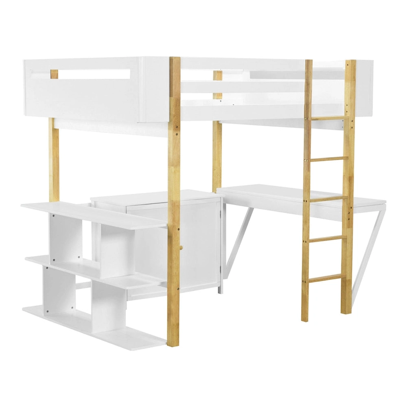 White Full Size Solid Wood Loft Bed with Built-in Storage and Foldable Desk