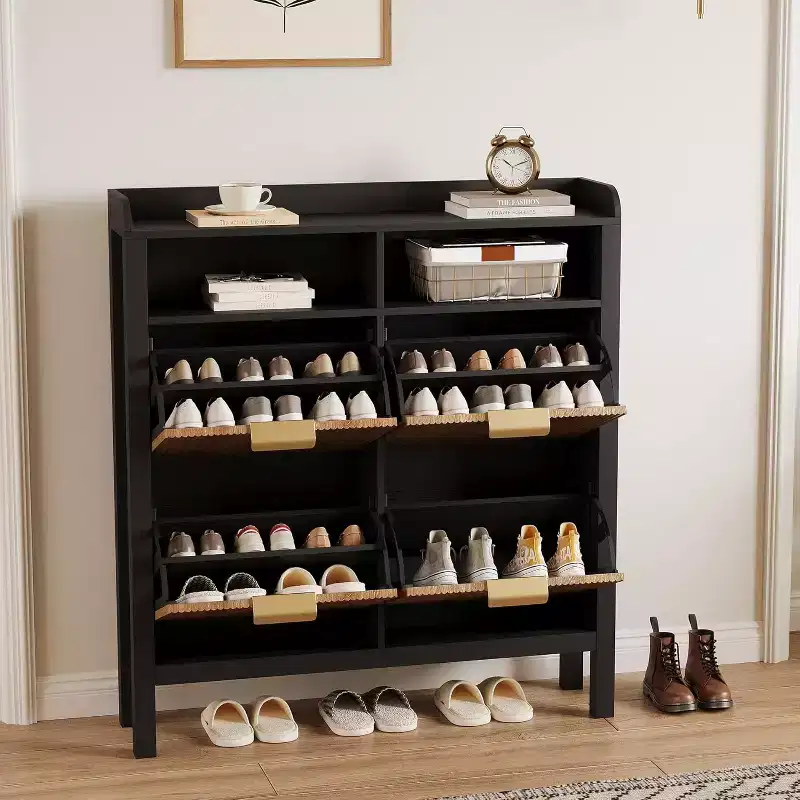 Fluted Narrow Shoe Storage Cabinet Organizer with Legs and 4 Flip Drawers, Freestanding Hidden Slim Shoe Storage for Entryway Living Room, Bedroom