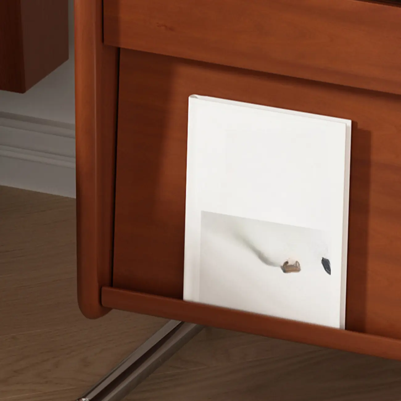 Narrow Mid-Century Modern Brown Wood Nightstand with Drawers