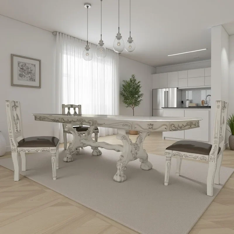 Ally Dining Table, Double Pedestal Base, Bone White Wood, 94-136 Inch