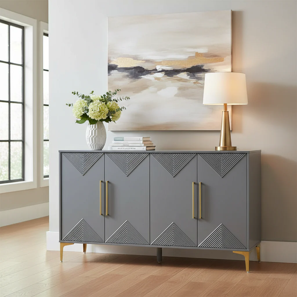 Unique Four-Door Cabinet with Two-Tone Triangular Pattern Doors