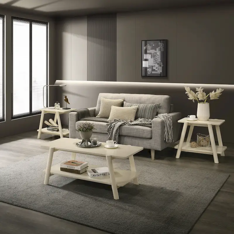 Roundhill Furniture Metz Mid-Century Wood Shelf 3-Piece Coffee Table Set