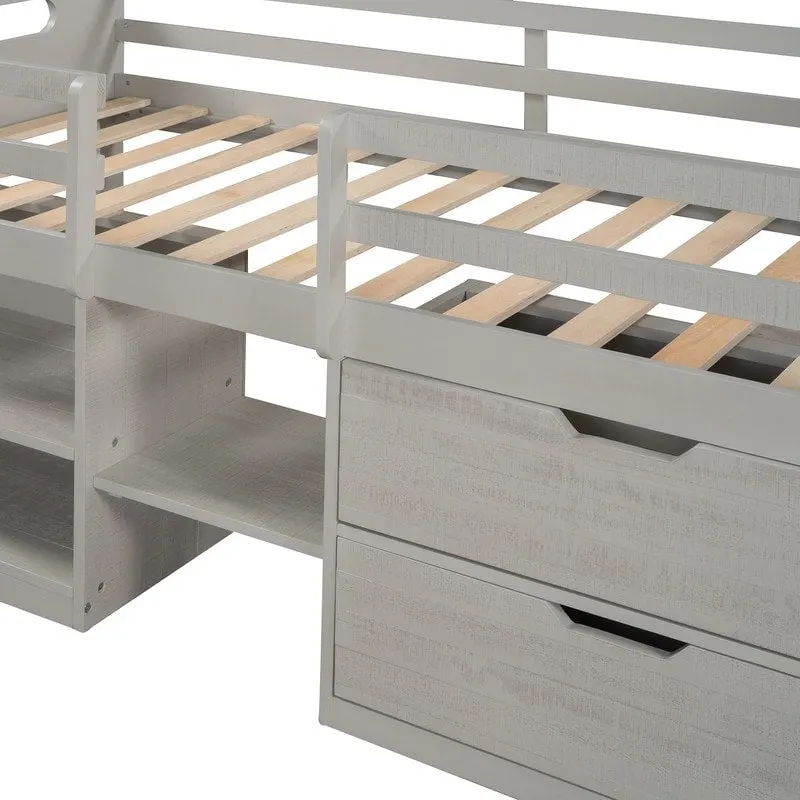 Twin Loft Bed with Storage and Drawers, Low Loft Bed Frame with 2 Shelves and 2 Drawers, No Box Spring Needed