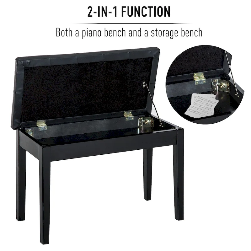 HOMCOM Traditional Country Birchwood Faux Leather Padded 2 Person Piano Bench - Black