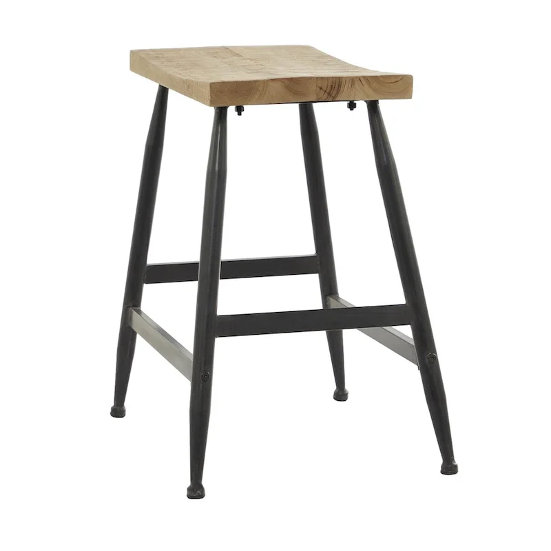 Metal Counter Stool with Brown Wood Top - Black