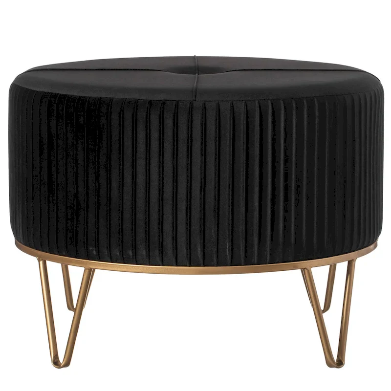 Round Velvet Ottoman Stool Raised with Hairpin Gold Base