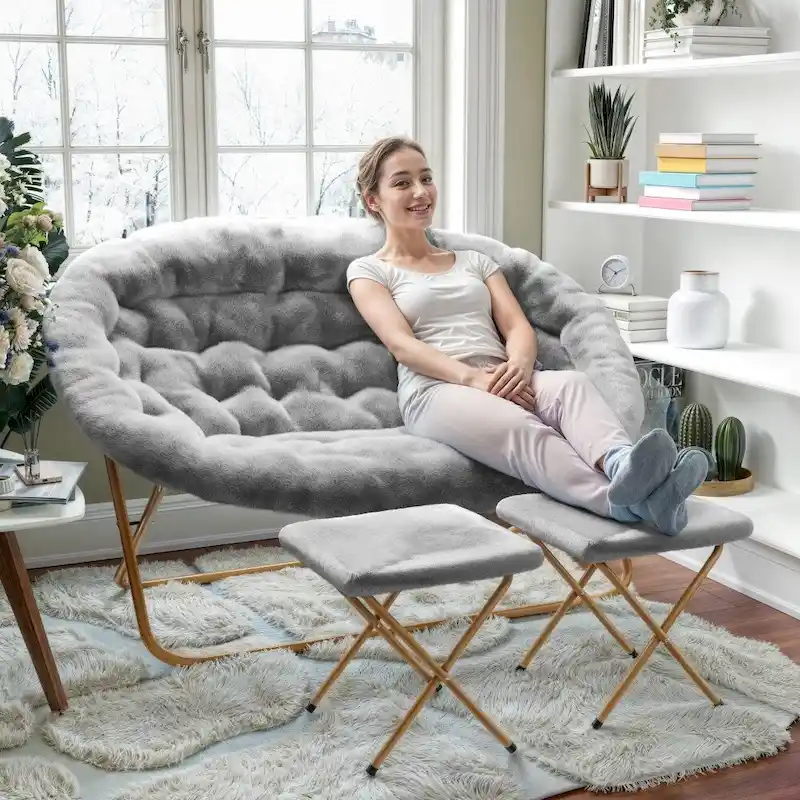 Double Folding Synthetic Fur Saucer Chair with 2 Ottomans