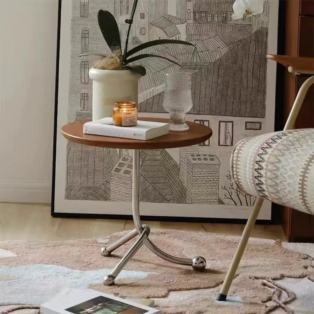 Modern Wood Round Top Triangular Silver Side Table