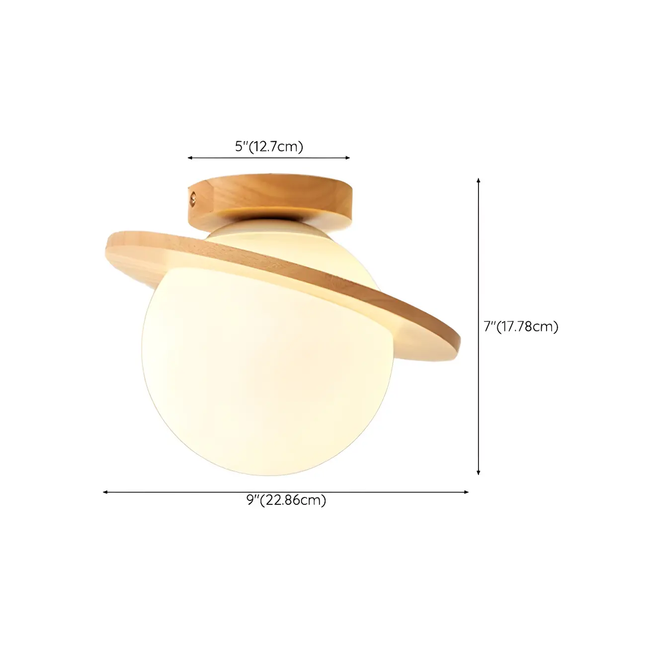Circular Glass Ball Natural Wood Semi Flush Ceiling Light