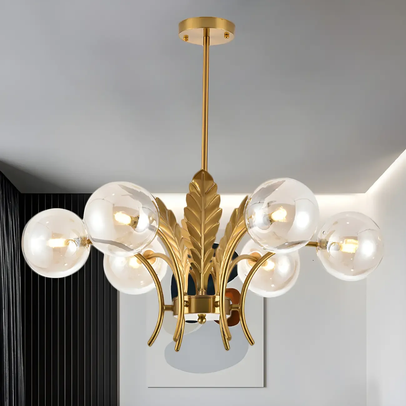 Luxury 6-light Gold Leaf Chandelier with Glass Globes