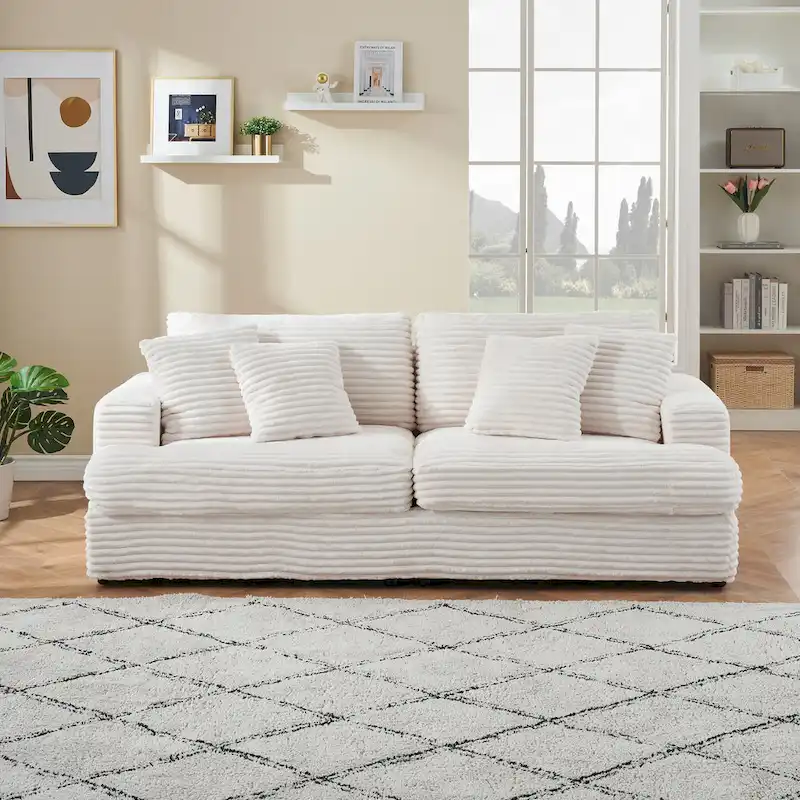 White 79.3 Corduroy 3-Seater Sofa with 4 Toss Pillows, Spring Cushion