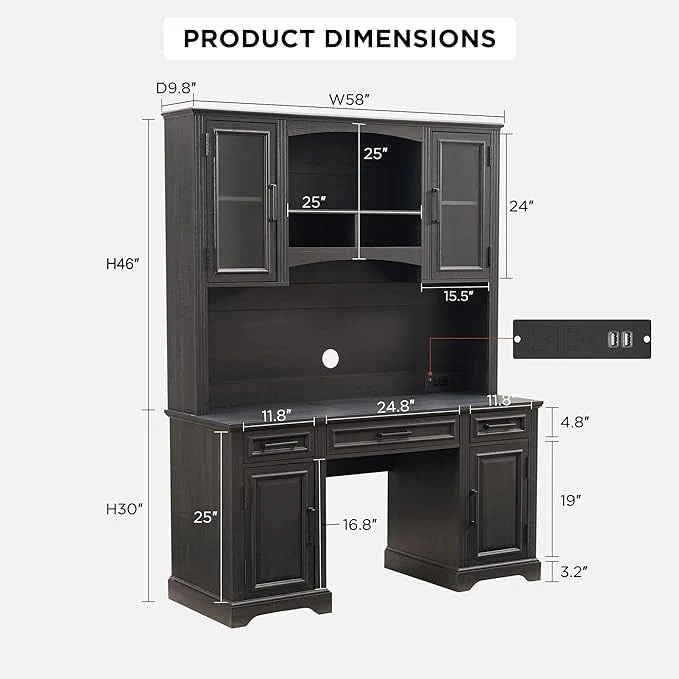 Farmhouse Computer Desk with Hutch,Office Desk with Charging Station