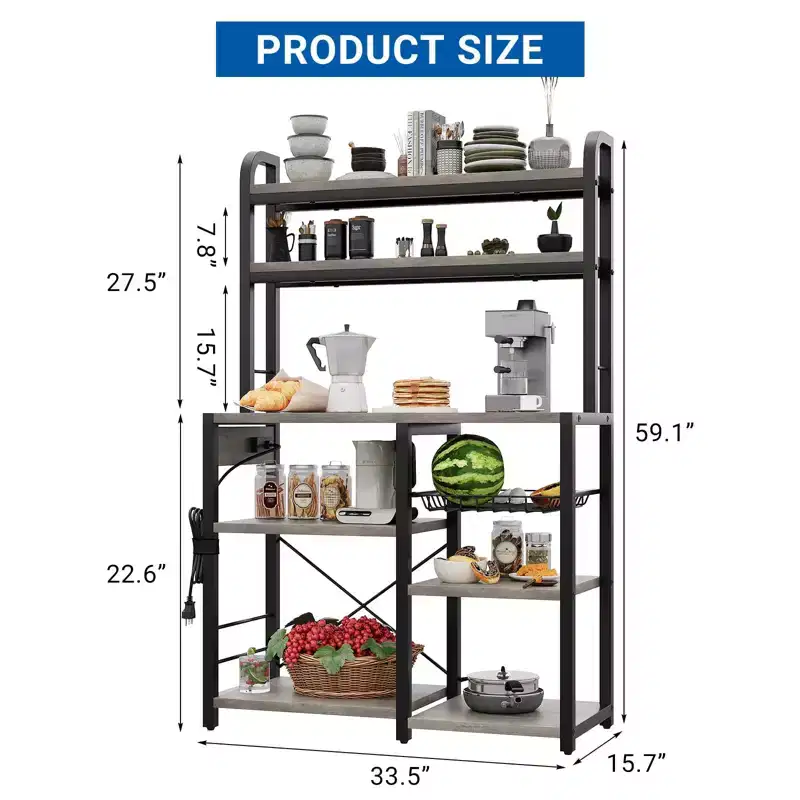 Industrial Kitchen Bakers Rack with Power Outlet - 6-Tier Space-Saving Microwave Stand