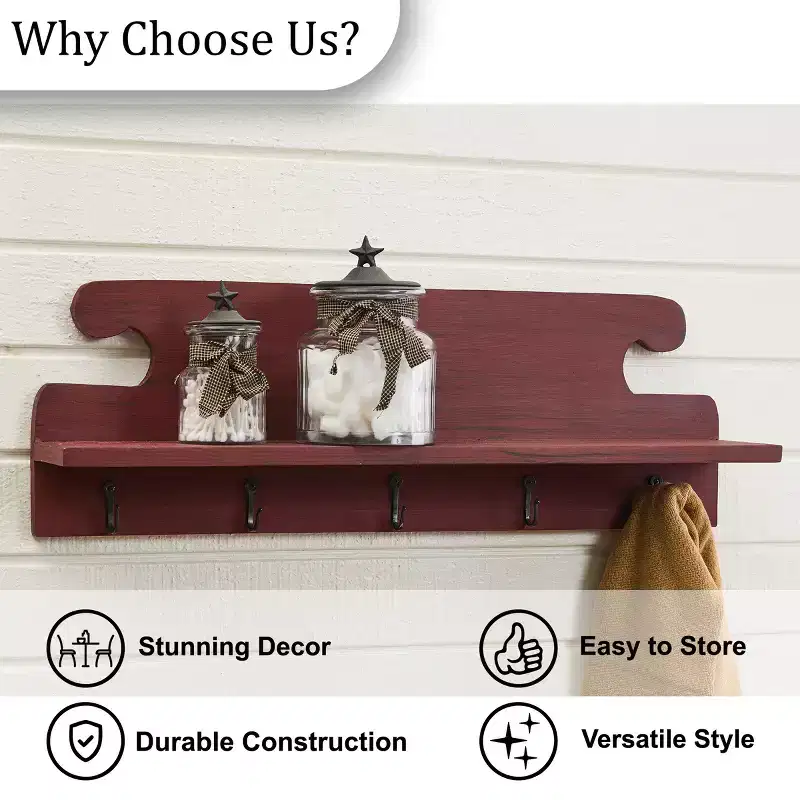 Park Designs Cozy Farmhouse Red Shelf With Hooks