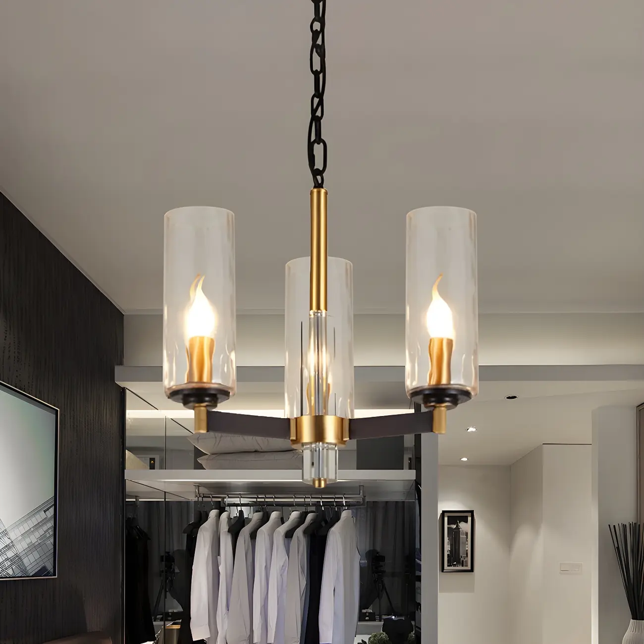 Modern Stylish Black-Gold Cylinder Glass Chandelier