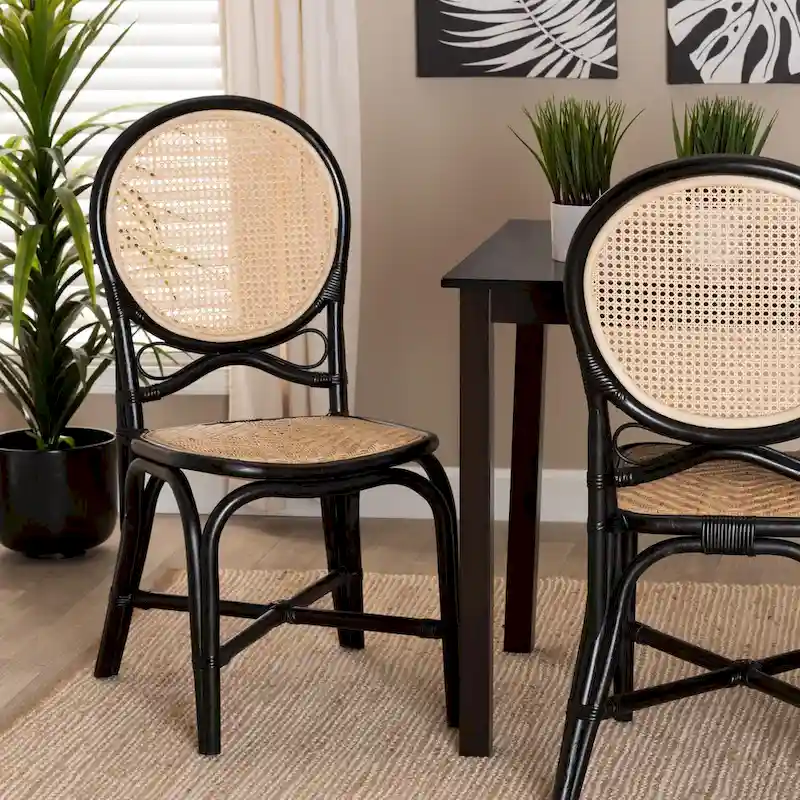 Mid-Century Modern Two-Tone Black and Natural Brown Rattan Dining Chair