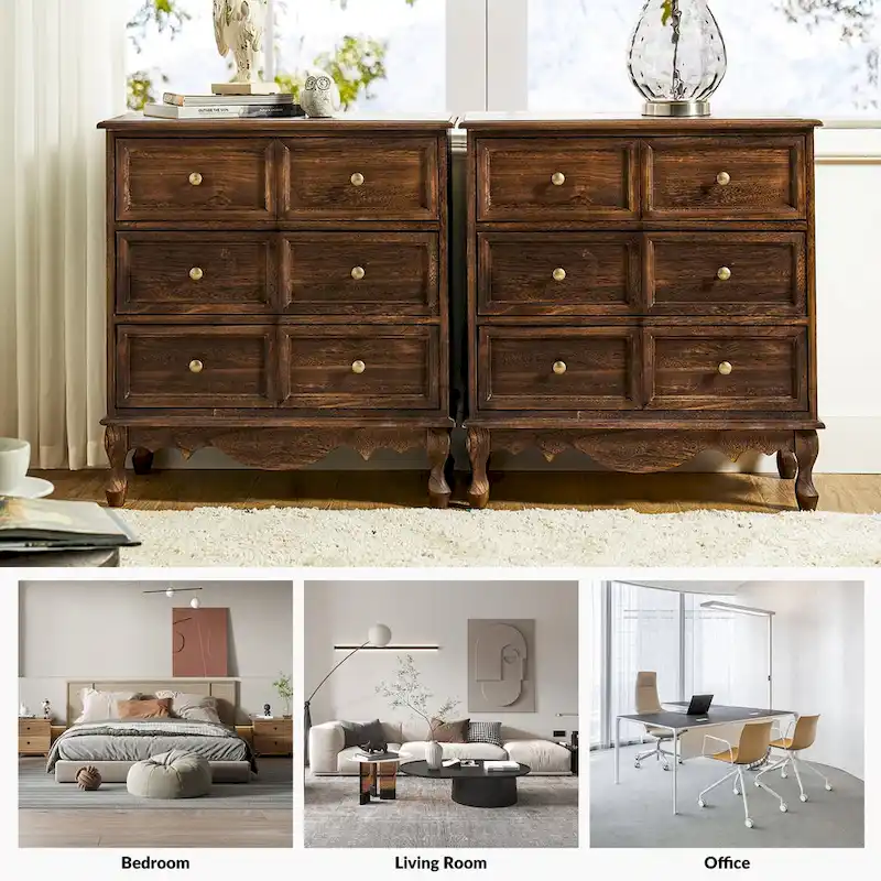 Farmhouse 30Tall Distressed 3-Drawer Nightstand With Solid Wood Legs and Adjustable Feet