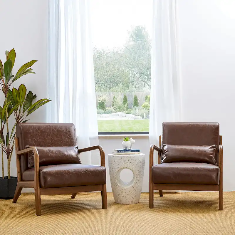 Glitzhome Set of 2 30.75H Mid-Century Modern PU Leather Accent Chairs with Cushion - 25.75W x 33.75D x 30.75H