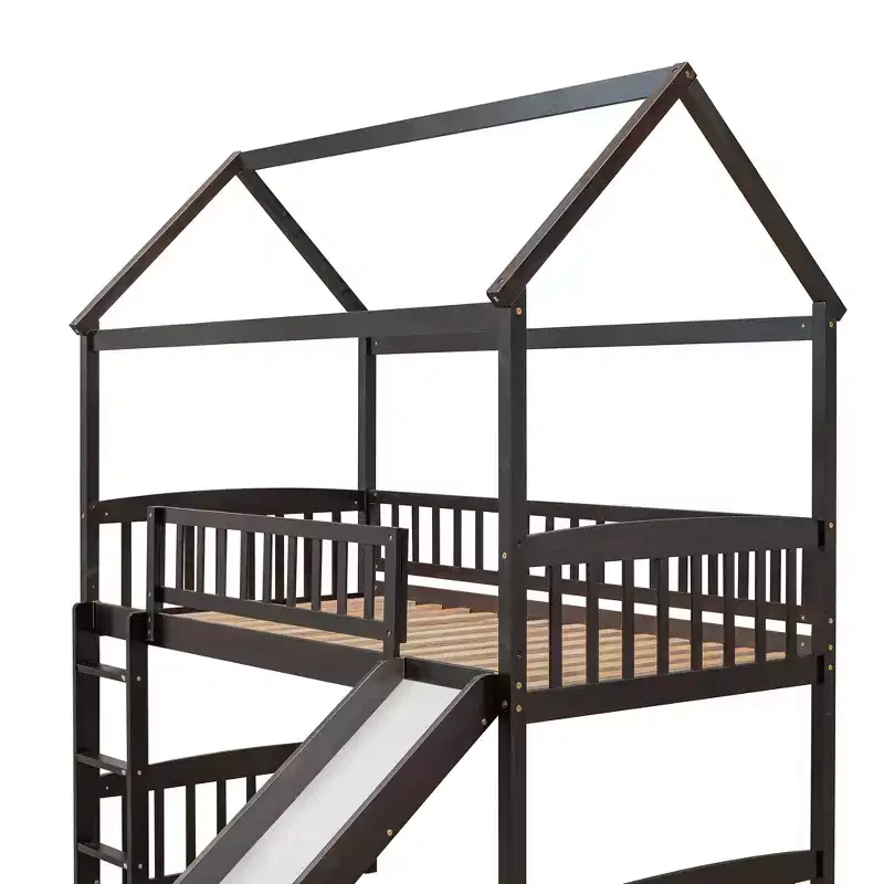 Twin House Loft Bed with Slide, Wood Playhouse Loft Bed Frame with Ladder and Roof