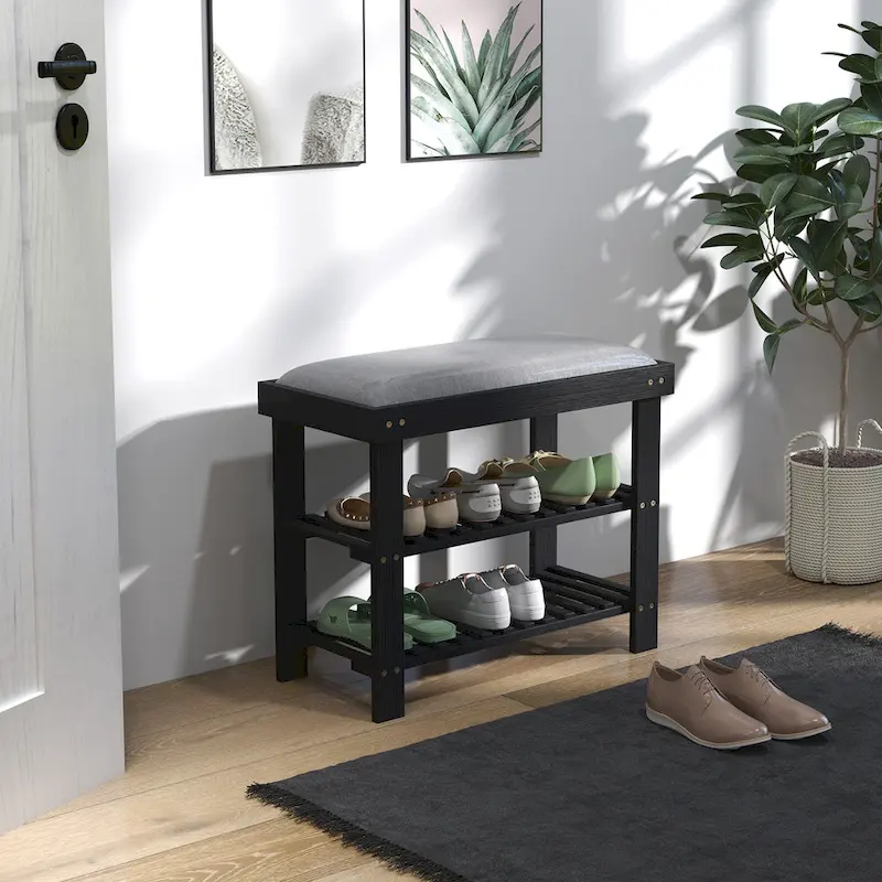 Bamboo Shoe Bench, 3-Tier Entryway Bench with Storage and Cushion, Shoe Organizer for Entryway, Hallway