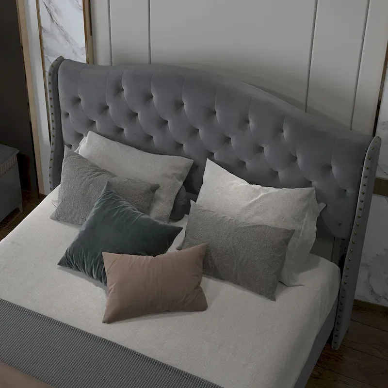 Velvet Upholstered Bed Frame with Wingback Headboard and Footboard