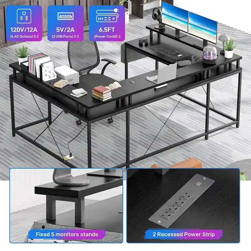 Reversible Shaped Large Computer Desk with Power Outlets