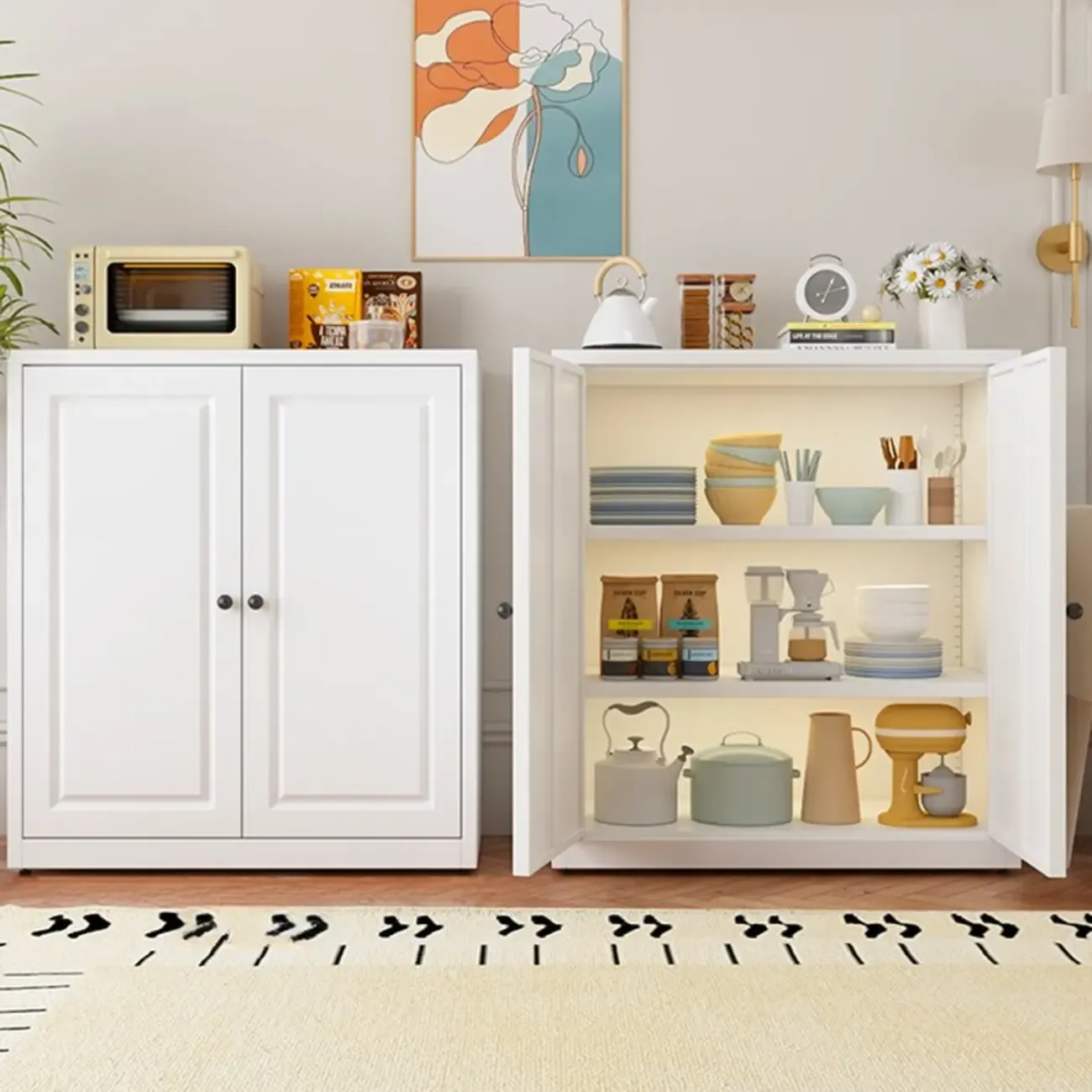 Narrow Metal White Buffet Cabinet with Drawer