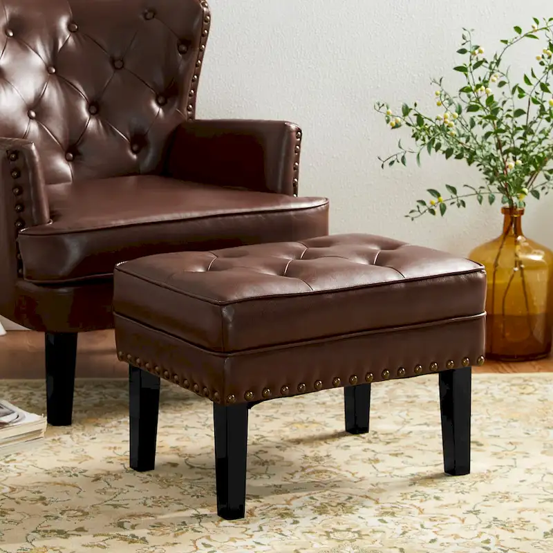 Glitzhome Set of 2 22W Leatherette Button-tufted Foot Stools Ottomans