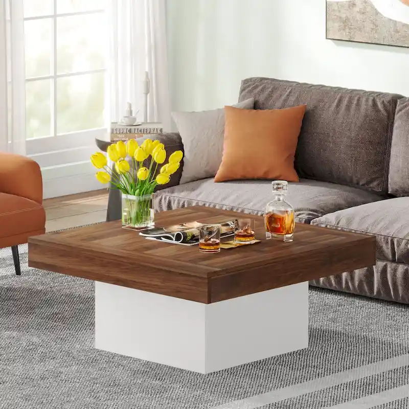 Farmhouse Coffee Table Square LED Coffee Table Engineered Wood Coffee Table