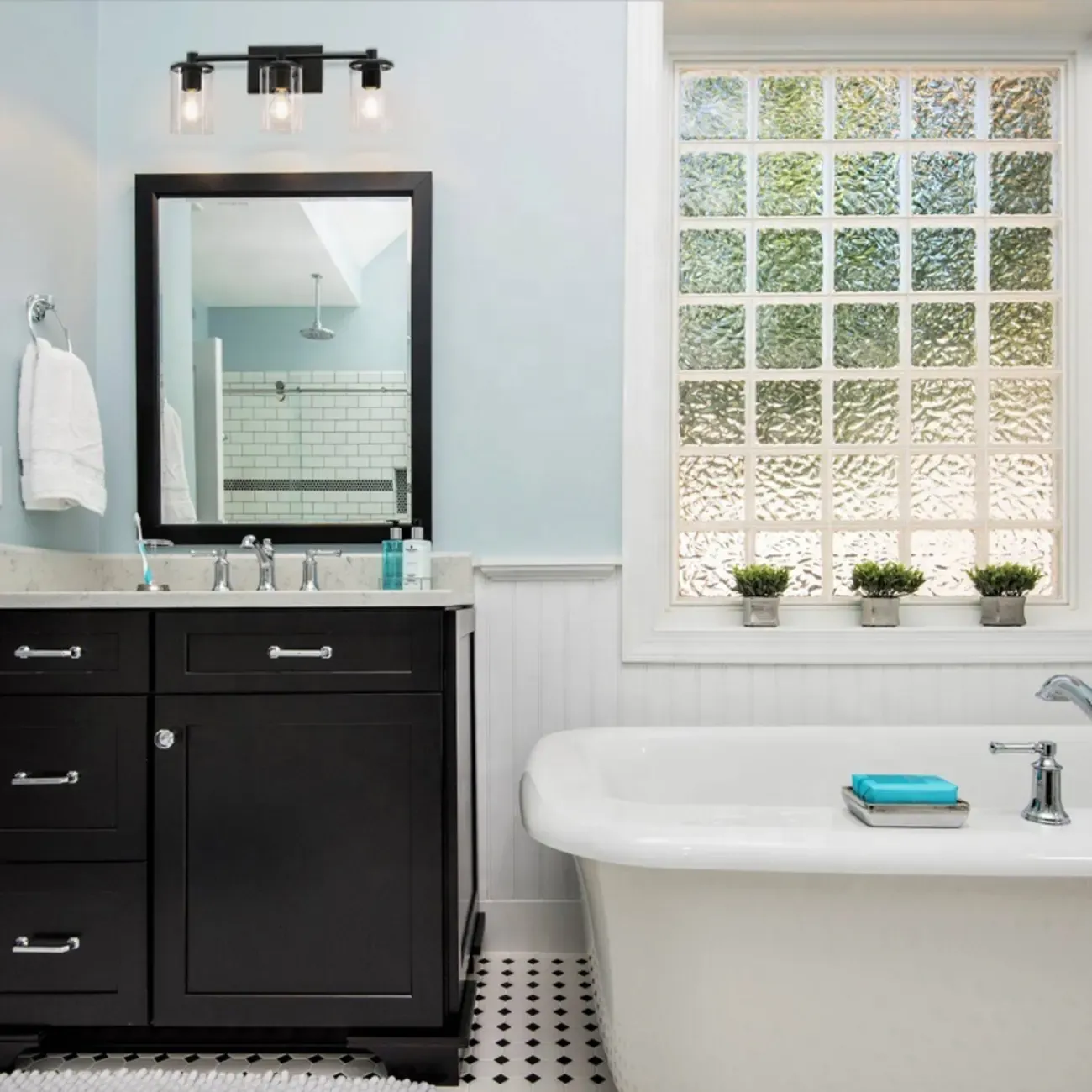 3-Light Black Clear Glass Cylinder Vanity Lights