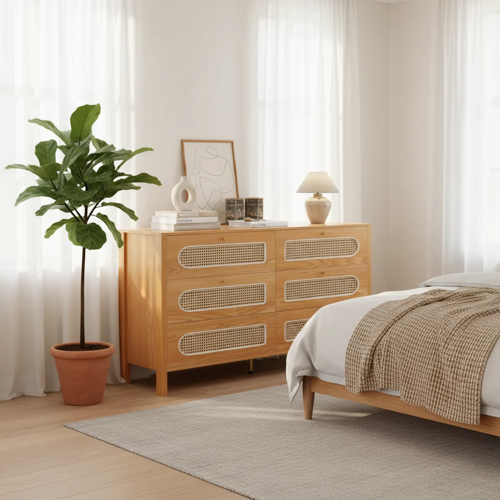 Rattan 6 Drawer Double Dresser Chest of Drawers Storage Cabinet