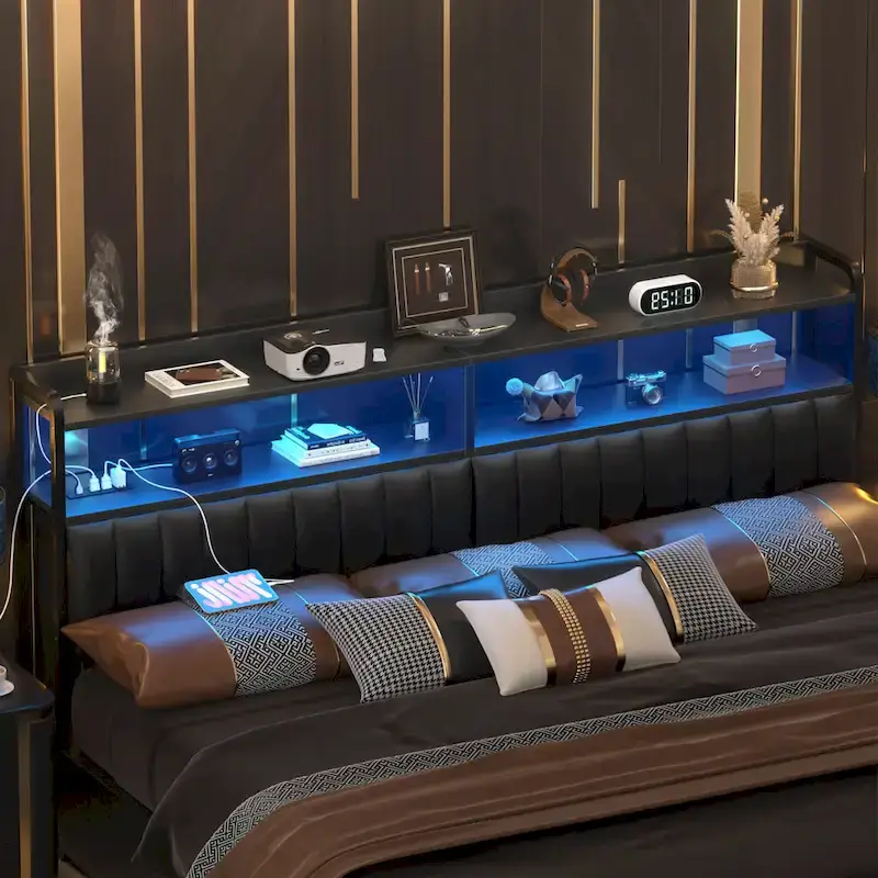 Upholstered Headboards with Charge Station and LED Light, Height Adjustable Head Board with Storage